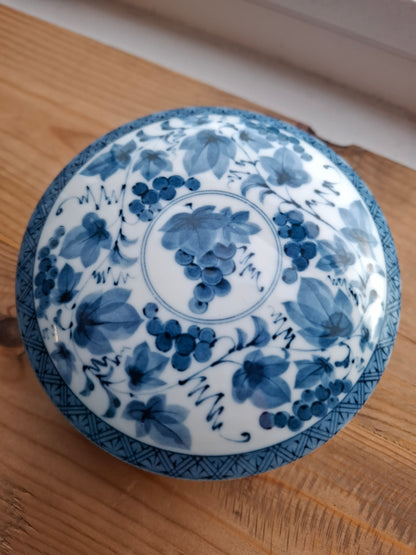 'Beef Curtains' Upcycled Large Round Blue/White Trinket Pot