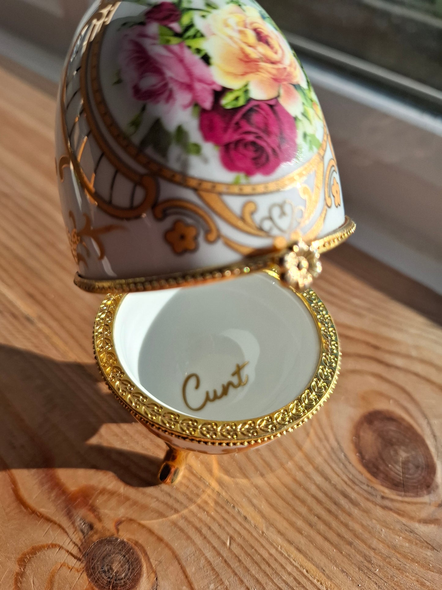 'Cunt' Upcycled White/Gold Fancy Egg Trinket Pot With Legs