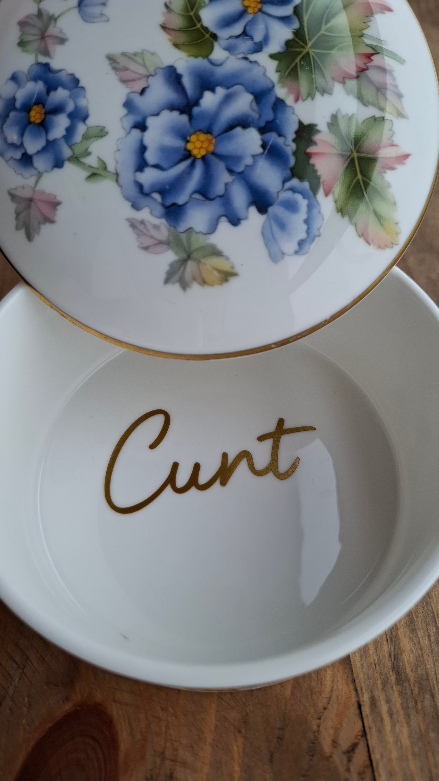 'Cunt' Upcycled Blue Floral Medium Sized Trinket Pot