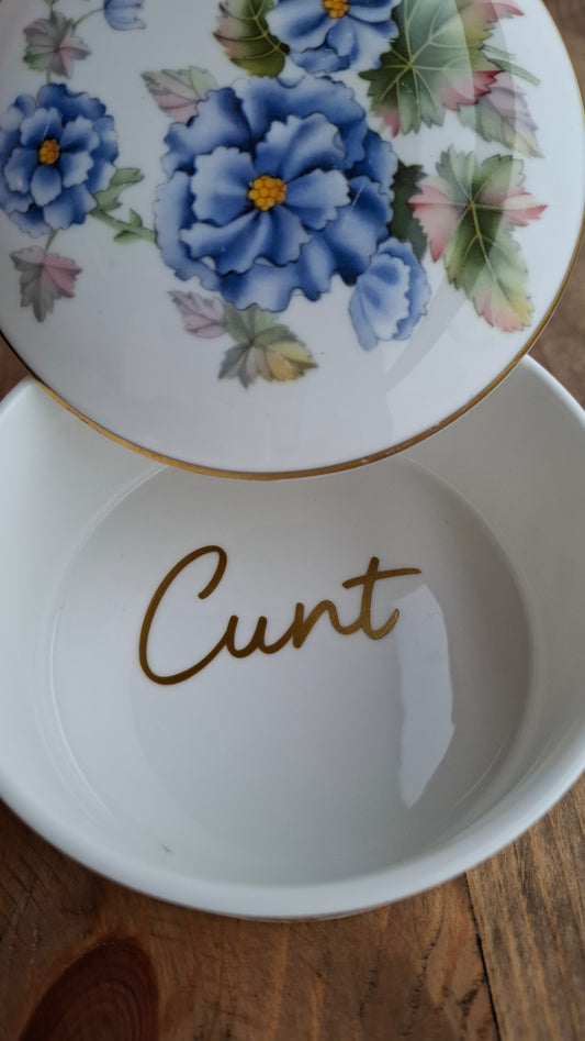'Cunt' Upcycled Blue Floral Medium Sized Trinket Pot