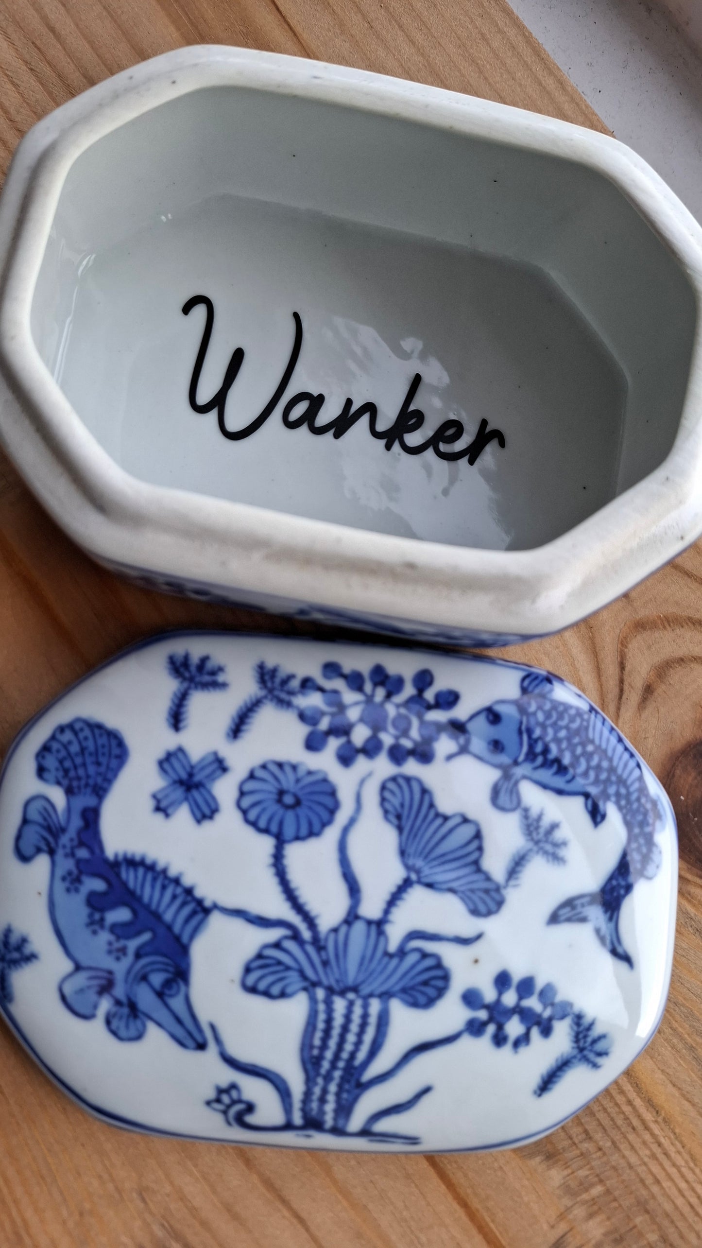 'Wanker' Upcycled Blue/White Fish Trinket Pot