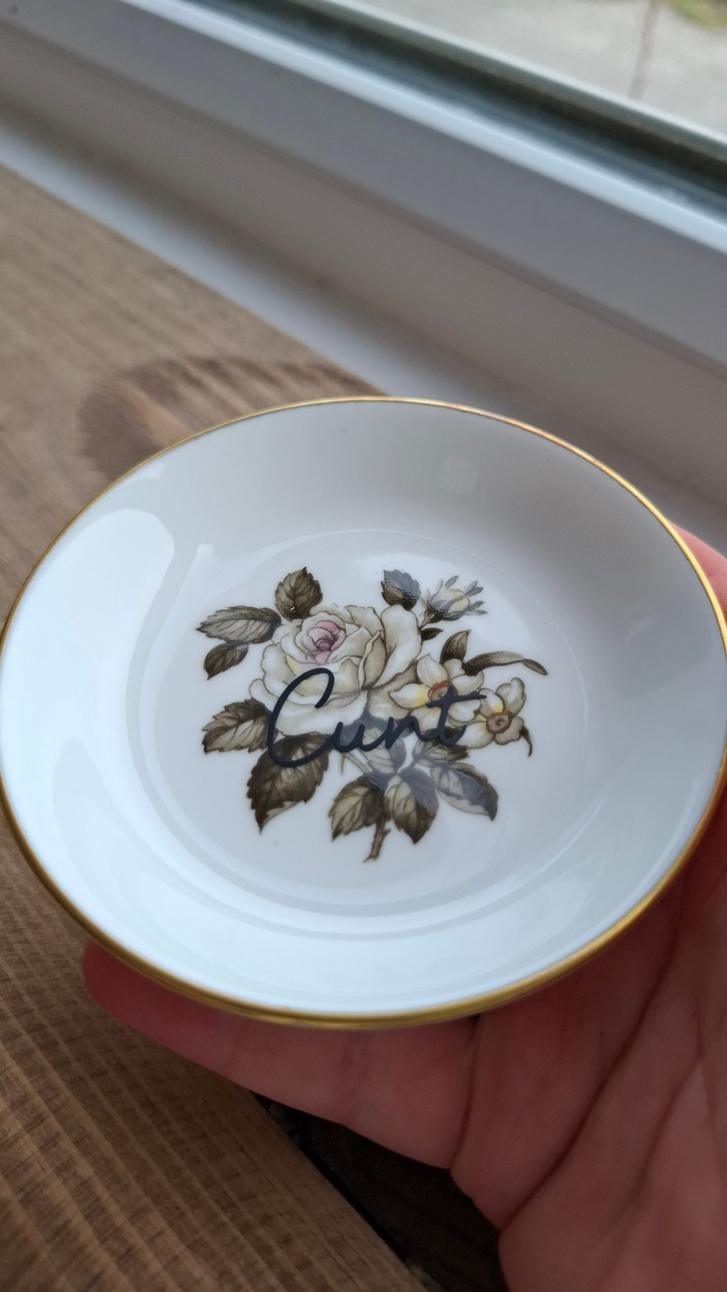'Cunt' Upcycled Round Floral Small Trinket Dish (Grey Rose)