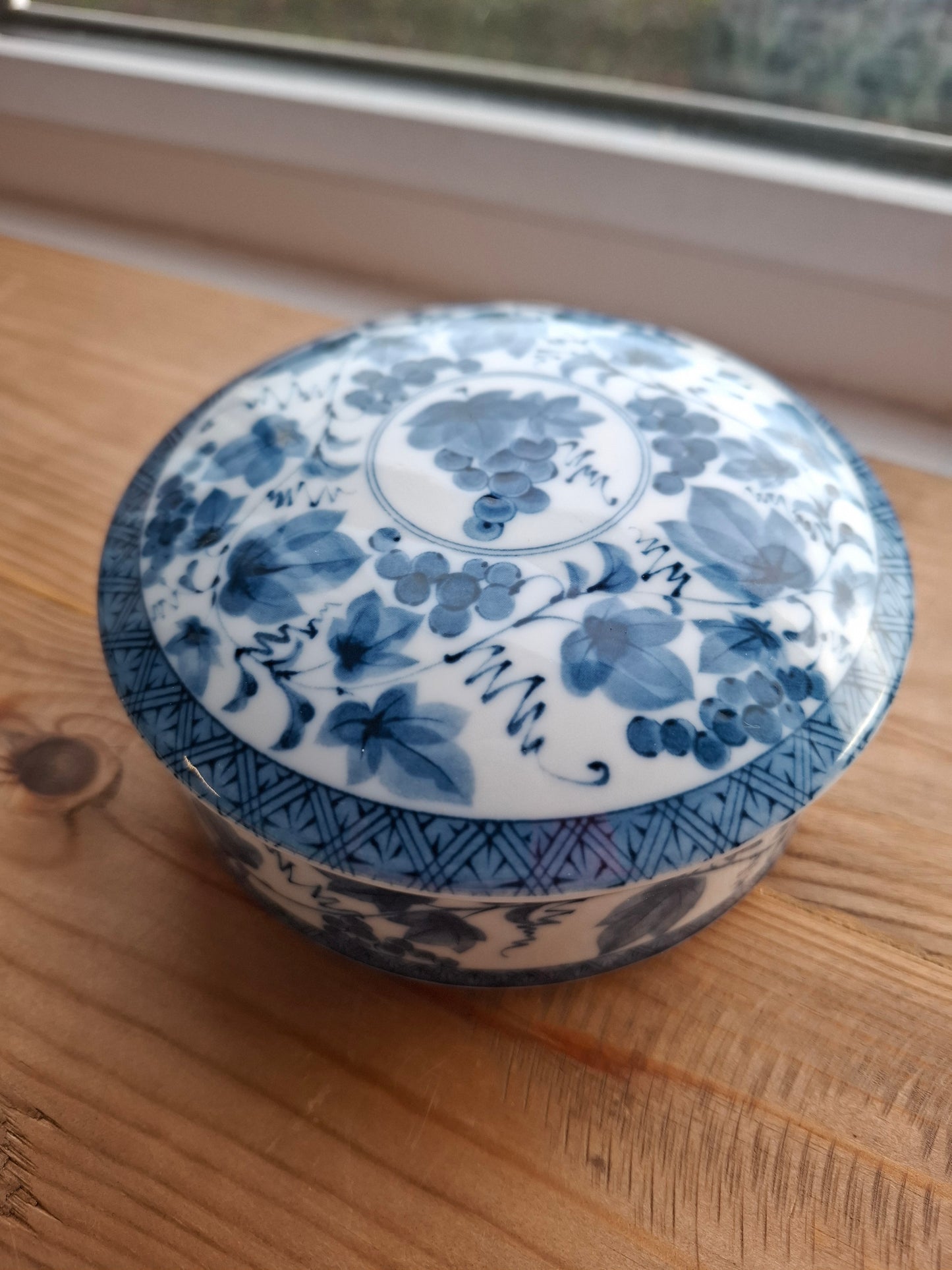 'Beef Curtains' Upcycled Large Round Blue/White Trinket Pot