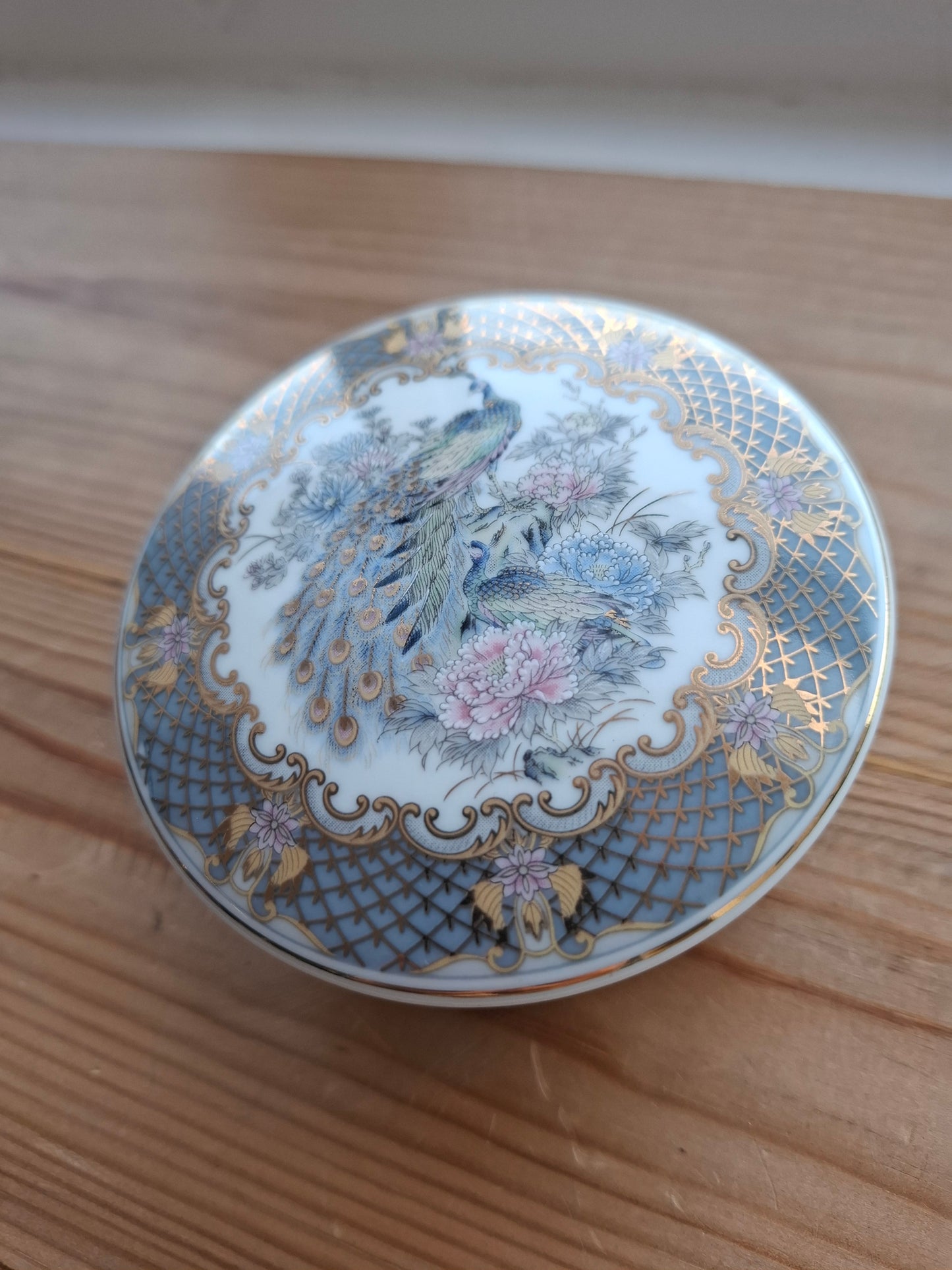 'Fanny Flaps' Upcycled Round Fancy Peacock Trinket Pot