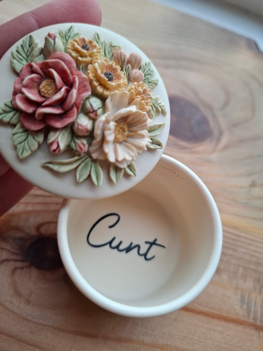 'Cunt' Upcycled Red Patterned Cream Trinket Pot