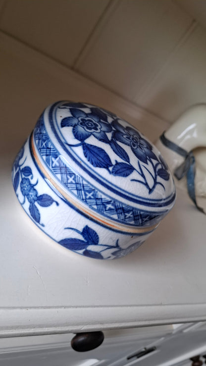 'Fanny Flaps' Upcycled Large Blue And White Round Trinket Pot
