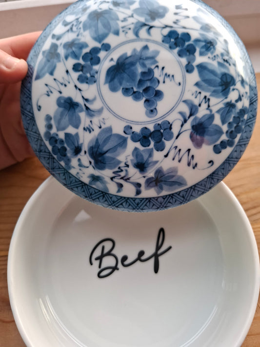'Beef Curtains' Upcycled Large Round Blue/White Trinket Pot