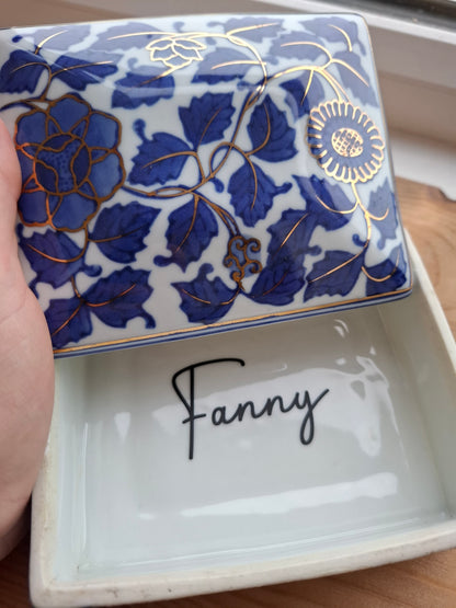 'Fanny Flaps' Upcycled Medium Sized Blue White Trinket Pot
