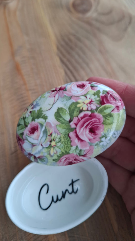 'Cunt' Upcycled Floral Oval Shaped Trinket Pot