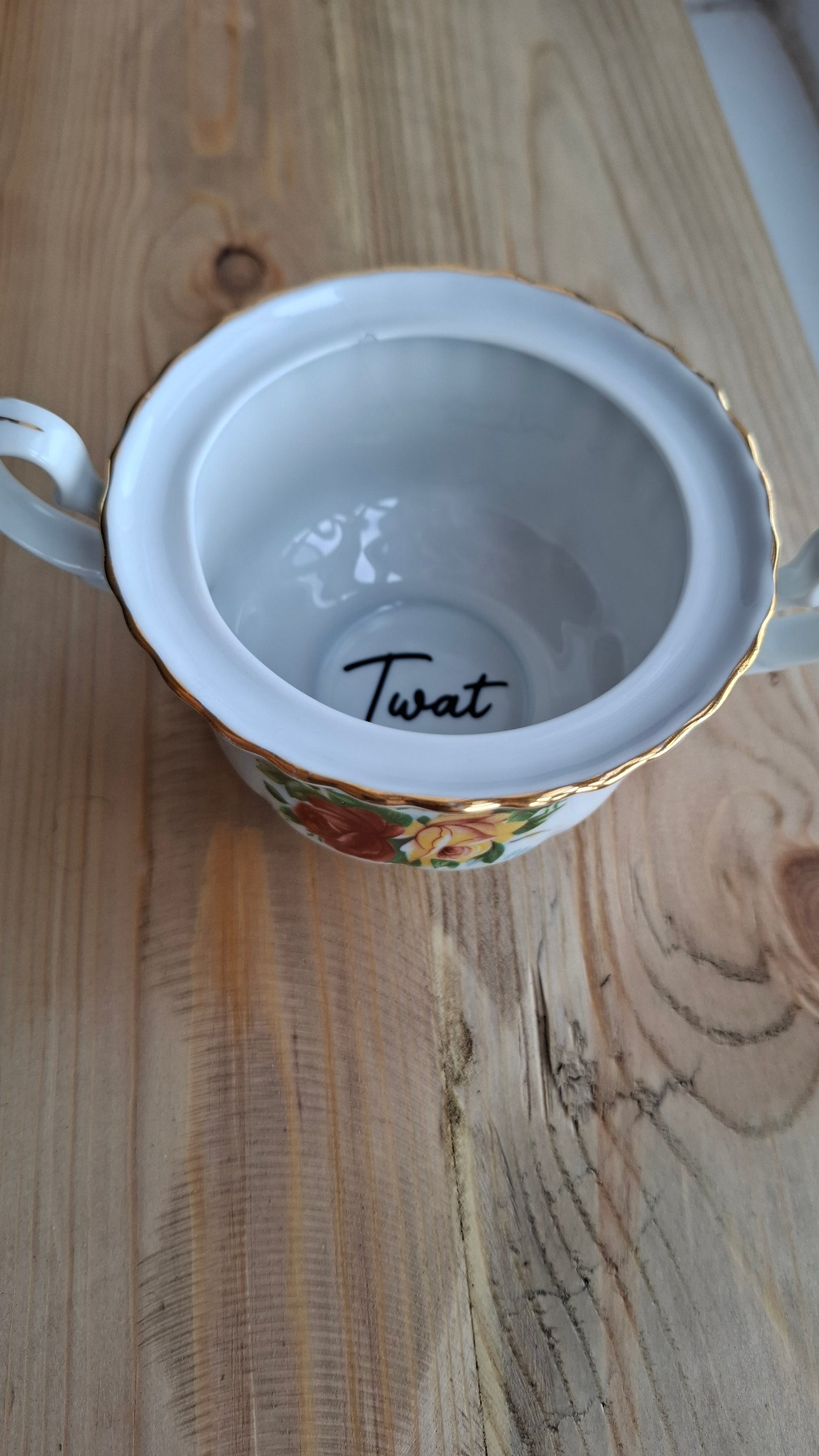 'Twat' Upcycled Ceramic Pot With Handles (SLIGHT CRACK)