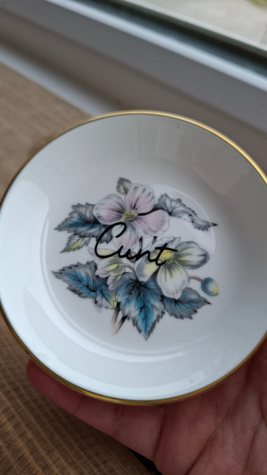 'Cunt' Upcycled Round Floral Small Trinket Dish (Bluey/Lilac)