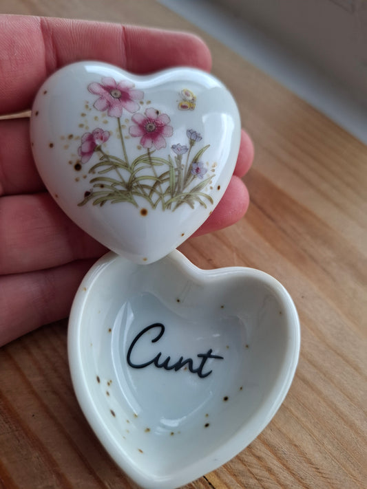 'Cunt' Upcycled Small Heart Pink Flower Trinket Pot