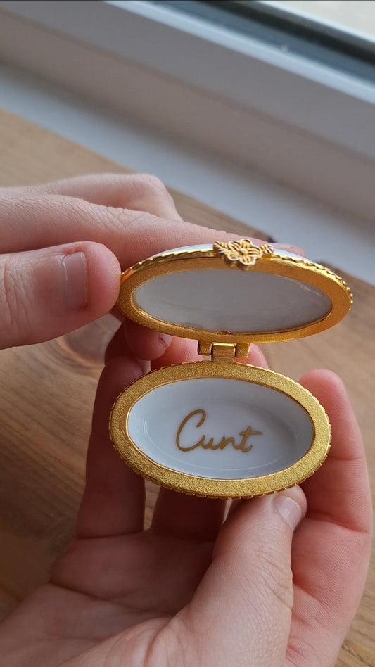 'Cunt' Upcycled Little Oval Trinket Pot (WHITE PATCH ON LID - SEE DESCRIPTION/PICS)