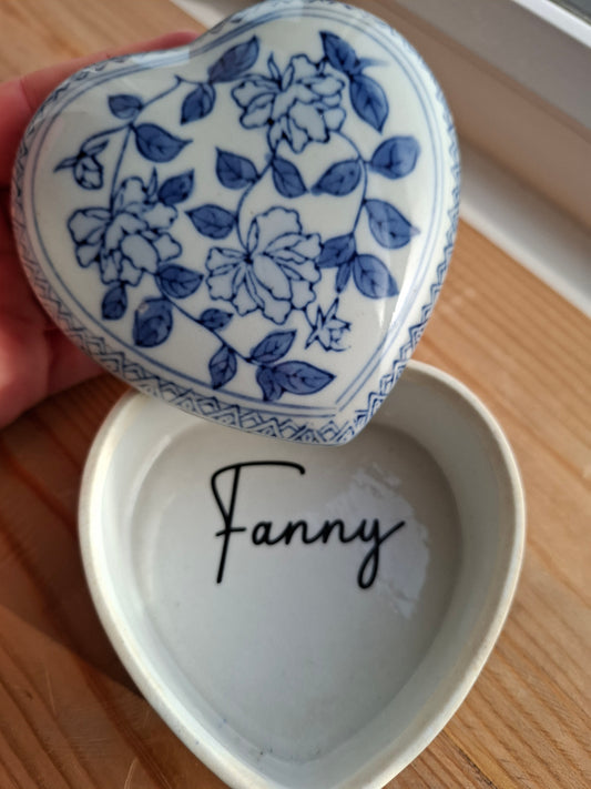 'Fanny Flaps' Upcycled Blue And White Heart Shaped Trinket Pot